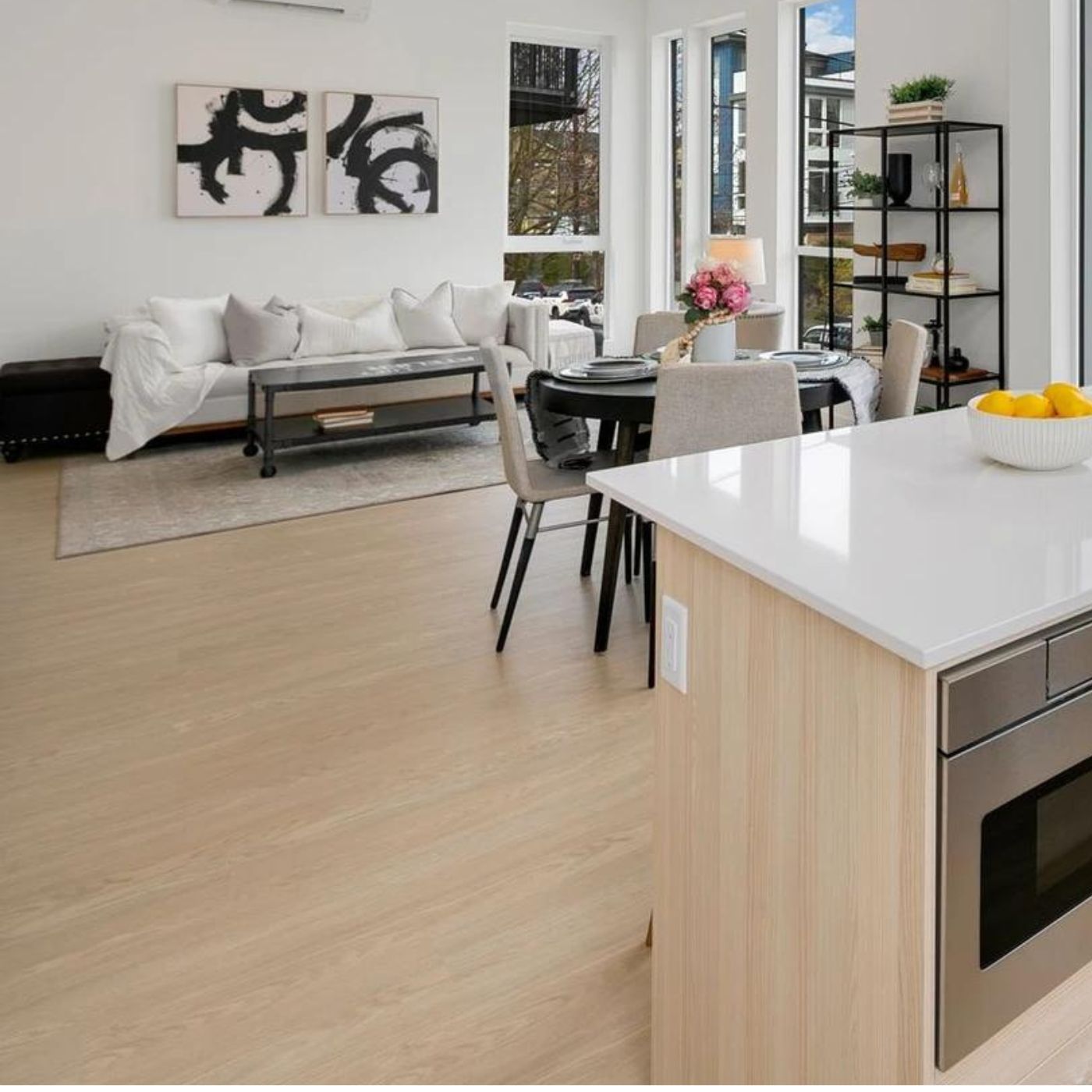 Floating floor installation with clean stair transition in Eastside WA