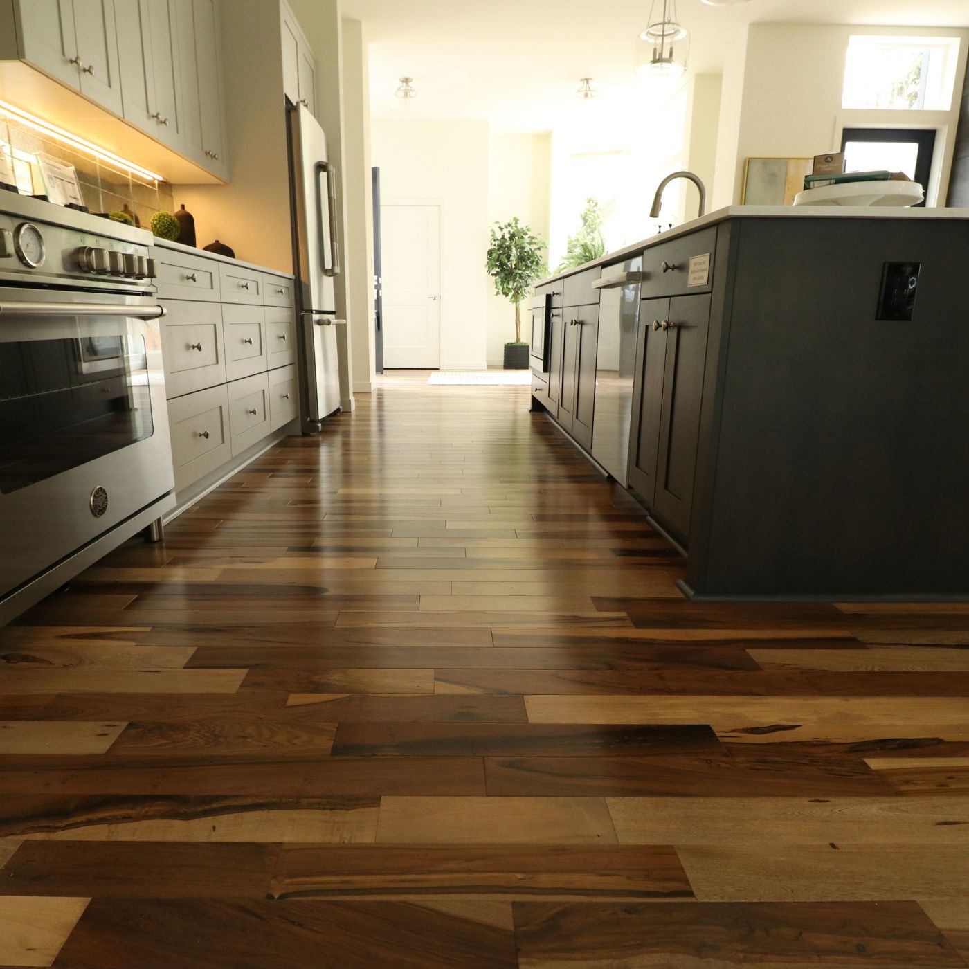 Natural Brazilian pecan hardwood floor installation in a modern custom home by LUKS Construction serving Seattle Bellevue and nearby areas